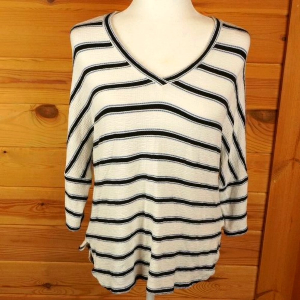 Max Studio Black Blue and White Striped V-Neck Shirt Size Small